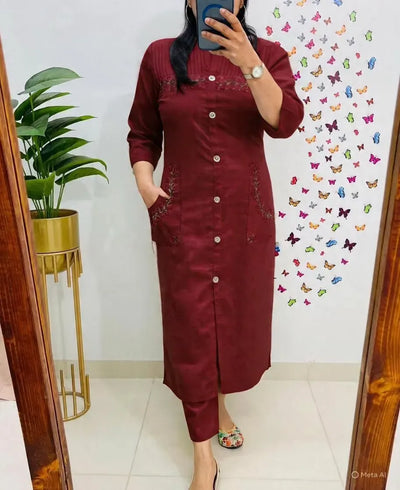 Premium Cotton Kurti Set - Embroidery & Pockets for Office Wear