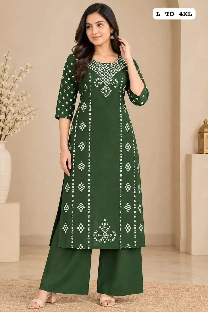Model wearing green Dhabu cotton kurti and palazzo set