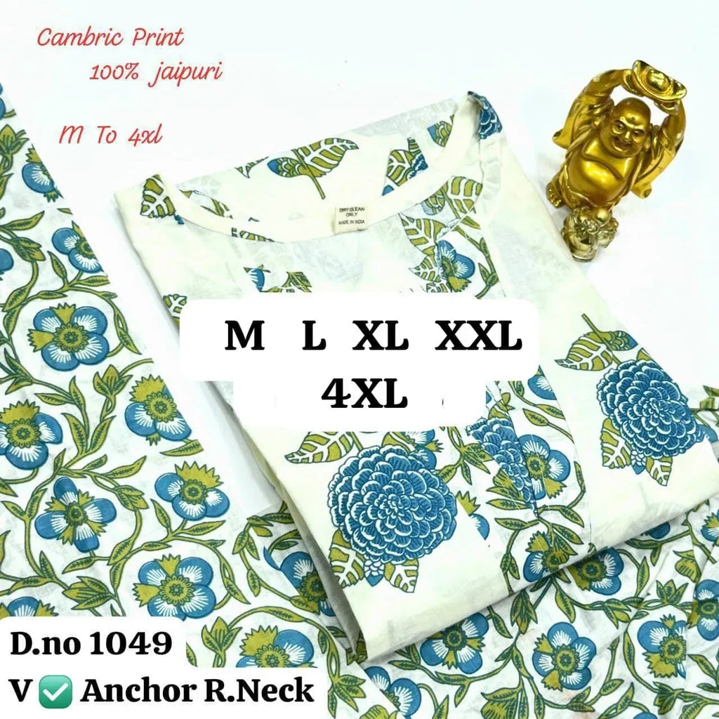 White and blue floral printed cotton cambric kurti pant set