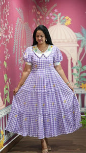 Premium Cotton Maxi Dress - Elegant Gingham Floral Summer Wear for Women