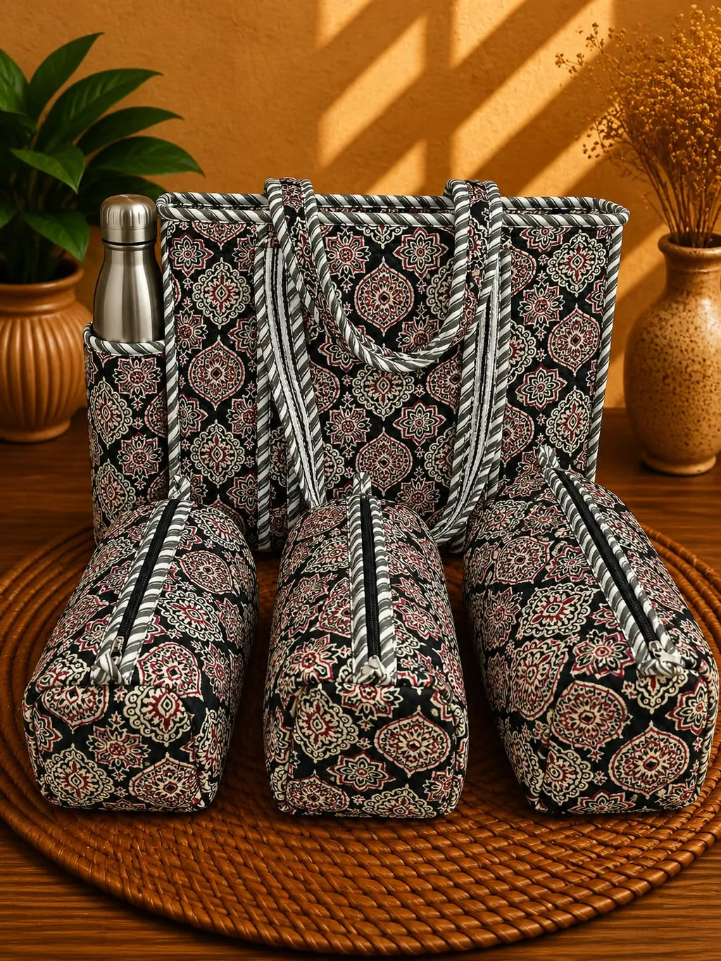 Black and maroon mandala print cotton quilted tote bag with matching utility pouches and bottle pocket