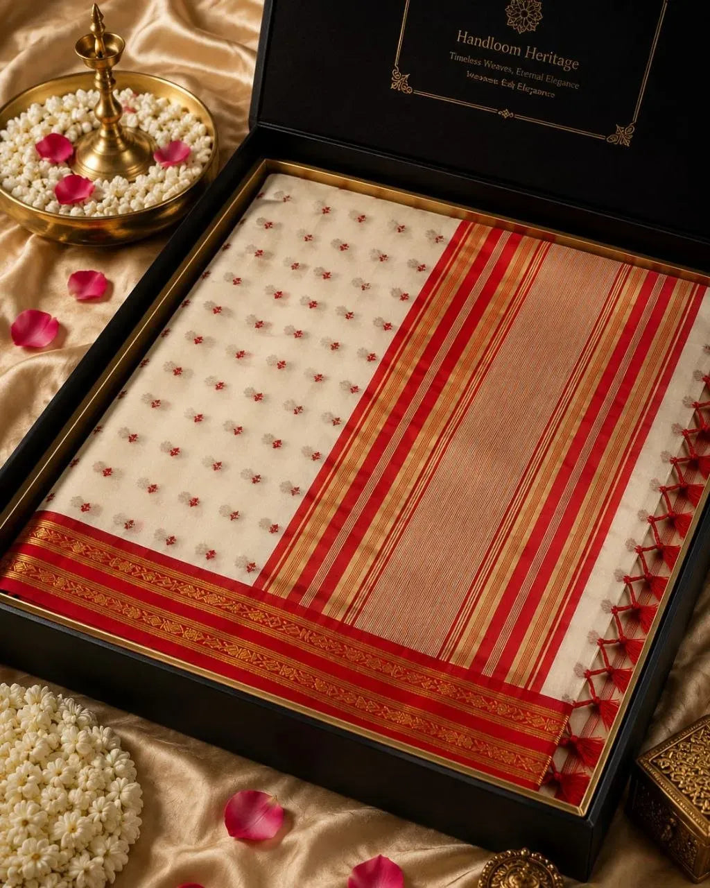 White and red premium cotton saree with striped pallu in black box
