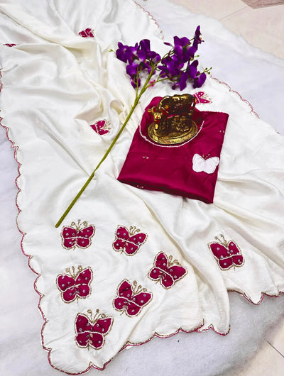 Premium Crush Silk Saree - Elegant Butterfly Khatli Handwork for Festive Wear