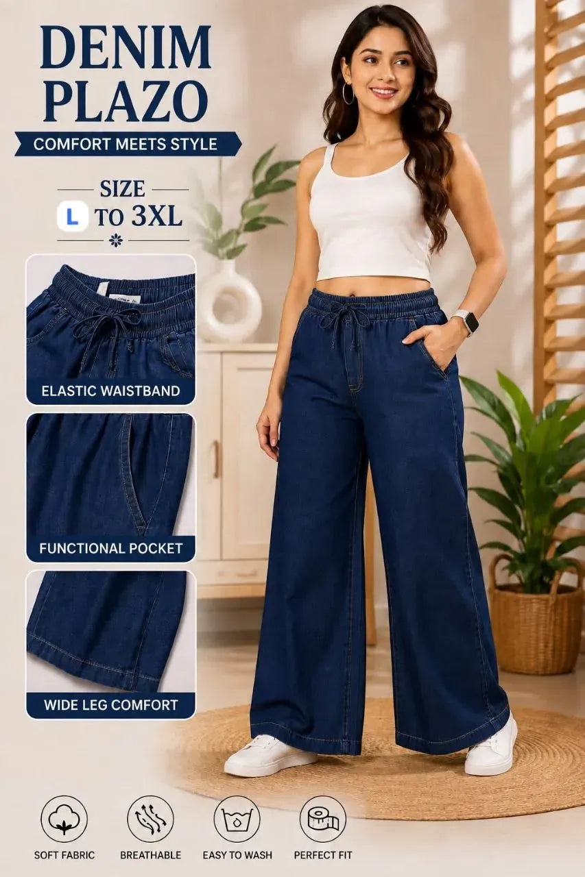 Model wearing dark blue denim palazzo pants with white crop top