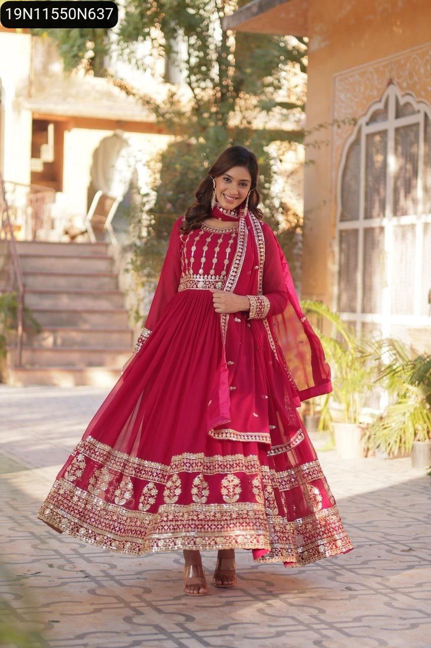 Women's Wine Embroidered Gown-Dupatta Set, Full Body Model Posing Outdoors