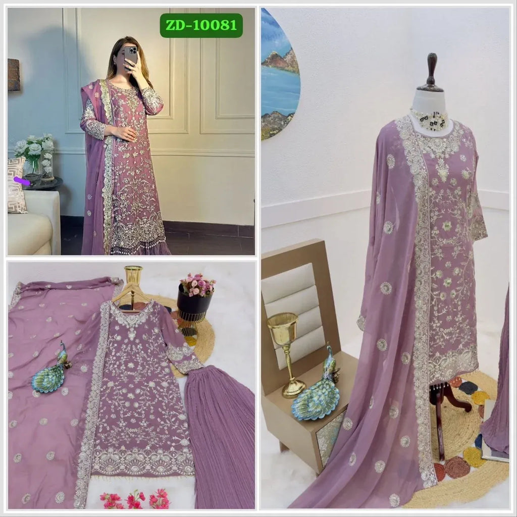 Lavender colored straight kurti set with intricate silver sequin embroidery on georgette fabric