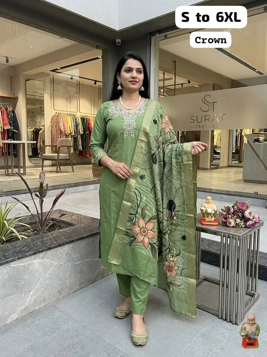 Model wearing olive green silk blend straight fit kurti set with floral dupatta