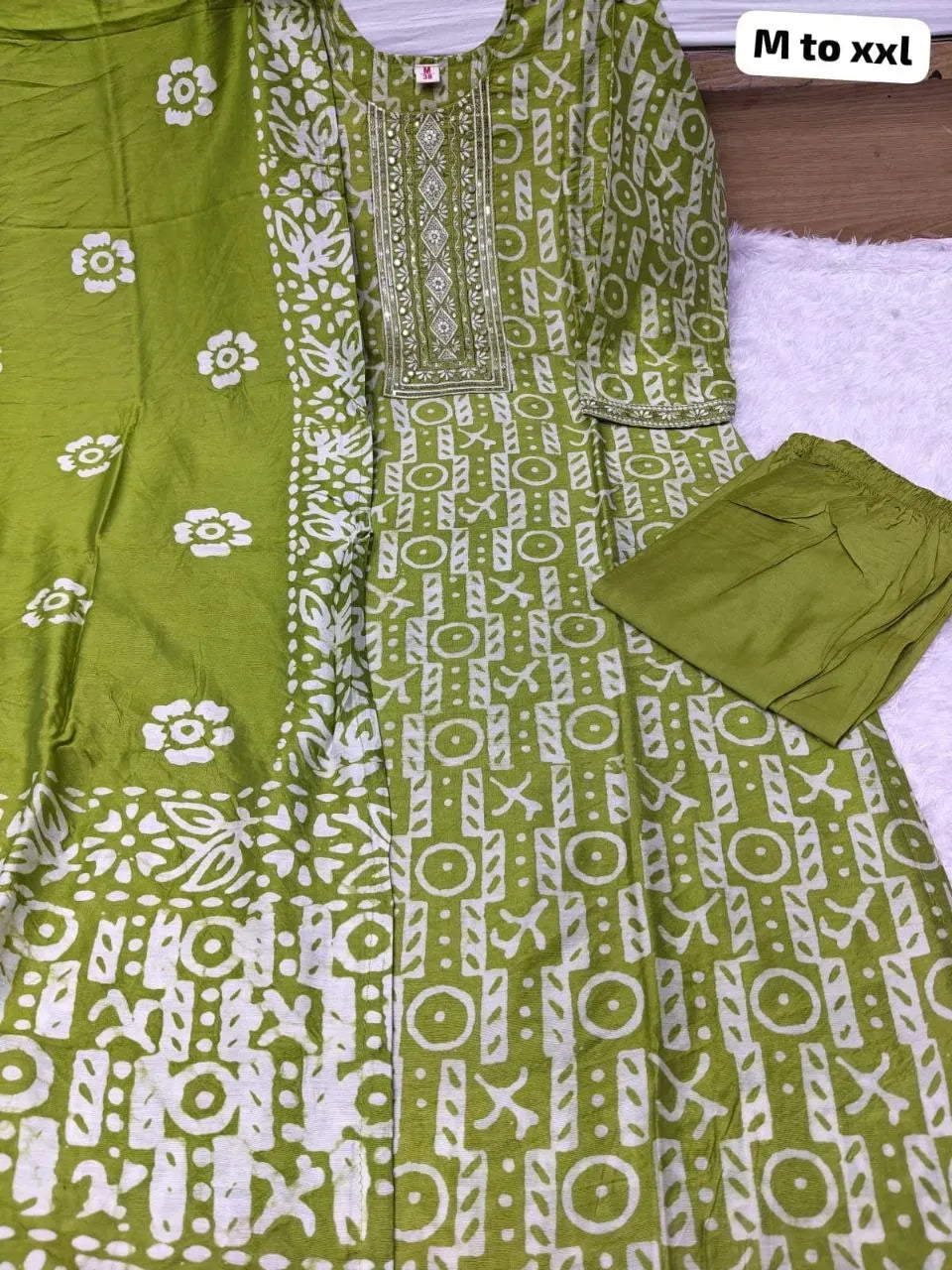 Olive green full kurti set with digital print dupatta and matching pants