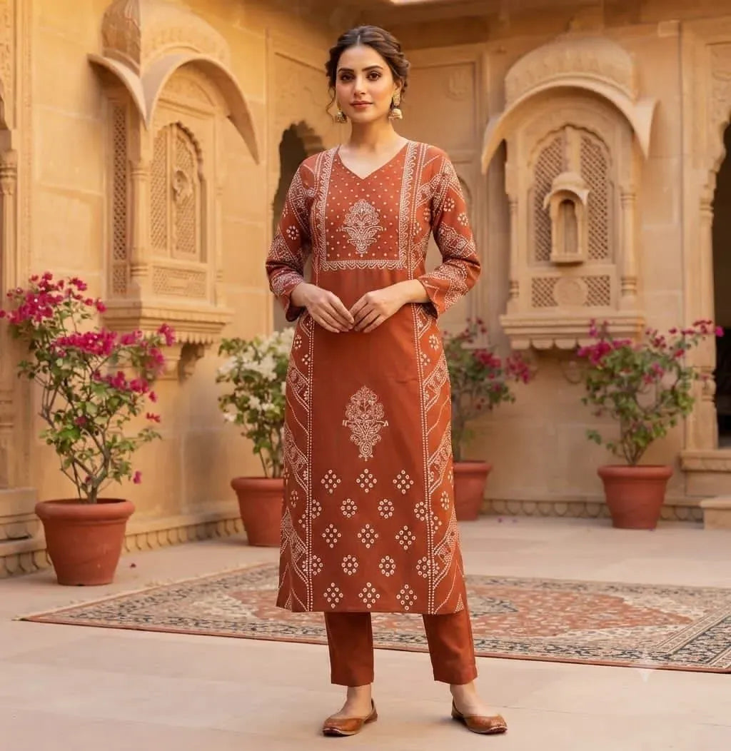 Model wearing rust brown dhabu cotton kurti set with palazzo