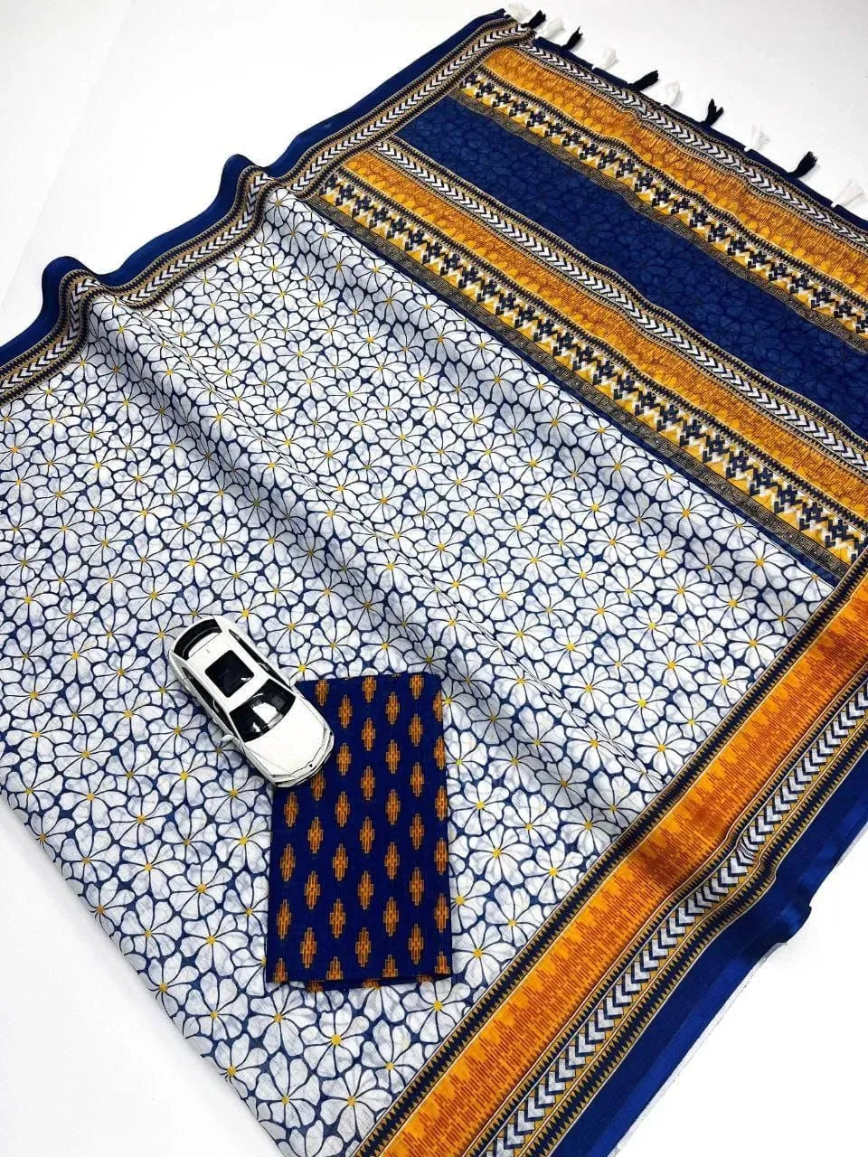 Blue and white floral digital print linen saree with matching blouse piece