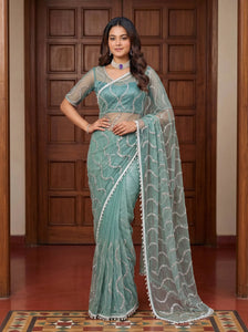 Premium Embroidered Net Saree - Elegant Sequins & Pearls Festive Wear