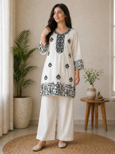 Premium Embroidered Rayon Cotton Co-ord Set - Elegant Party Wear Kurti Plazzo for Women