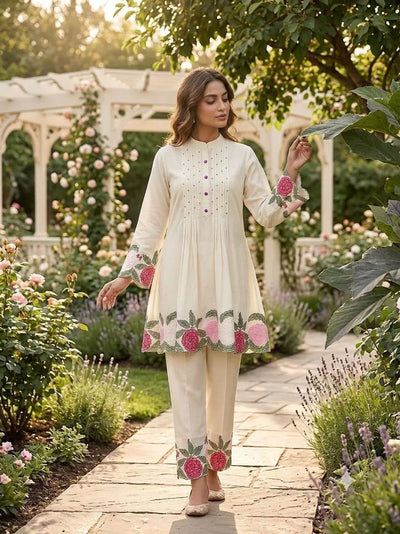 Premium Embroidery Co-ord Set - Elegant Roman Fabric Festive Wear for Women