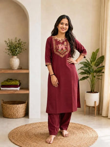 Premium Embroidery Cotton Kurti Set - Breathable Festive Wear for Women