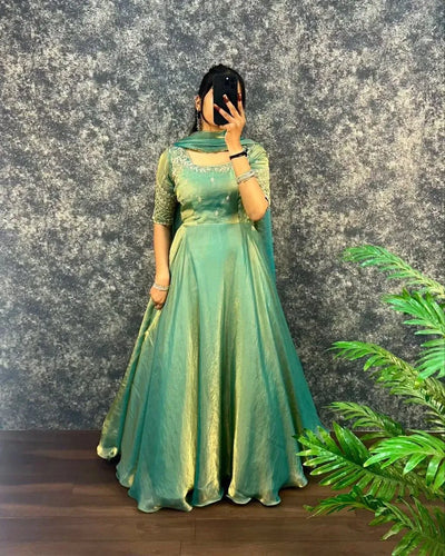 Premium Embroidery Sequence Satin Gown with Dupatta - Heavy Flare Festive Wear
