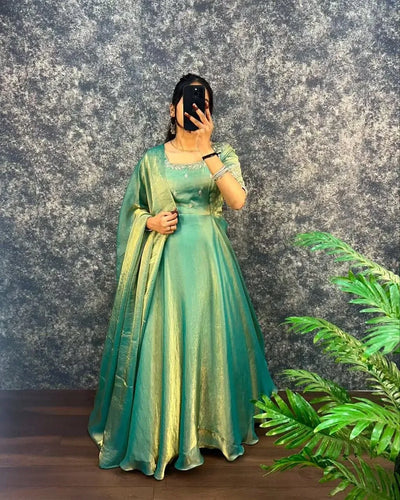 Premium Embroidery Sequence Satin Gown with Dupatta - Heavy Flare Festive Wear