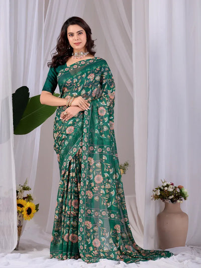 Premium Emerald Green Floral Saree with Blouse - Festive Wear for Women