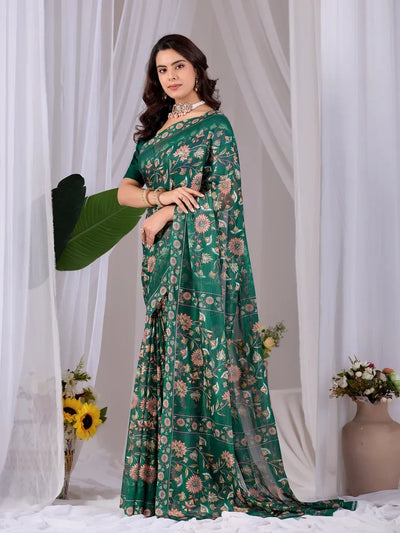 Premium Emerald Green Floral Saree with Blouse - Festive Wear for Women