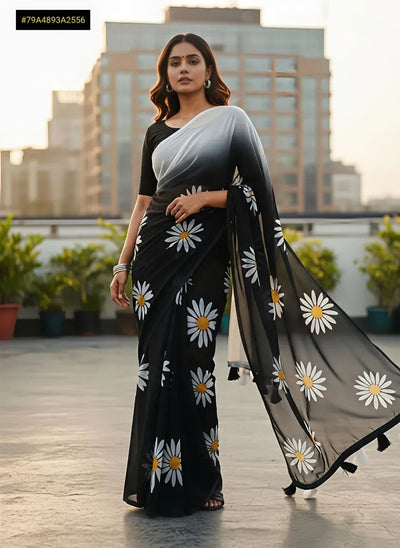 Premium Floral Georgette Saree - Elegant Ombre Print with Blouse for Women