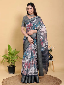 Premium Floral Linen Cotton Saree - Elegant Jacquard Border for Festive Wear