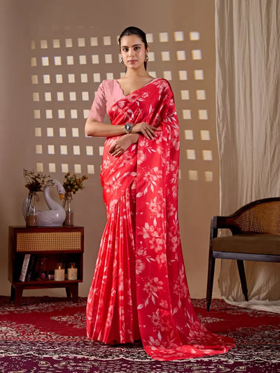 Premium Floral Satin Georgette Saree with Blouse - Festive Wear for Women