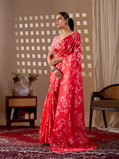 Premium Floral Satin Georgette Saree with Blouse - Festive Wear for Women