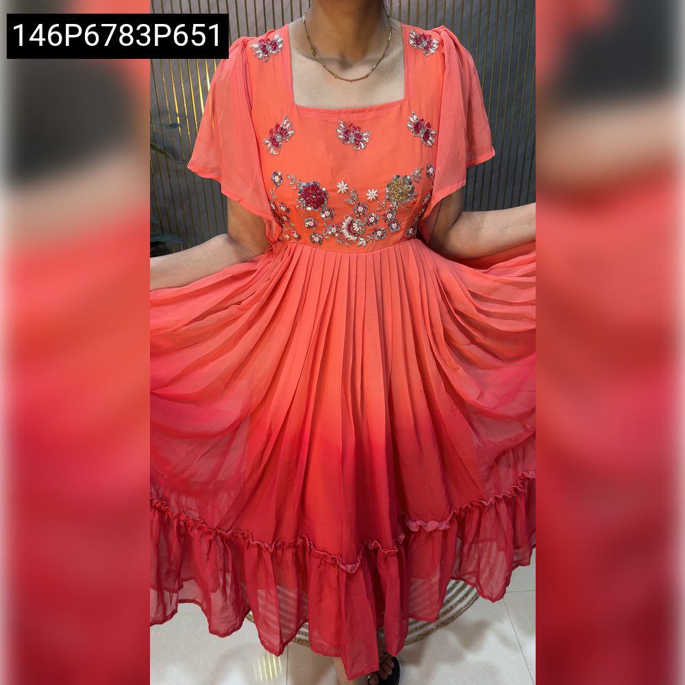 Women's ombre Fux Georgette Midi Dress with hand embroidery on bodice, front view