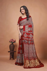 Premium Gaji Silk Bandhani Saree - Traditional Ajrakh Print with Real Mirror Work for Festive Prep