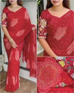 Premium Georgette Bandhej Saree - Elegant Gold Foil Festive Wear with Handwork Blouse
