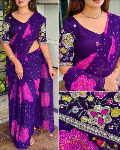 Premium Georgette Bandhej Saree - Elegant Gold Foil Festive Wear with Handwork Blouse