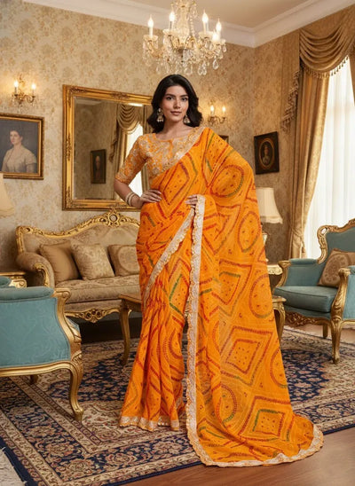Premium Georgette Bandhej Saree - Heavy Embroidery for Wedding Wear