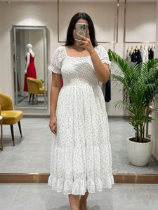 Premium Georgette Floral Dress - Flattering Smocked Midi for Plus Size Women