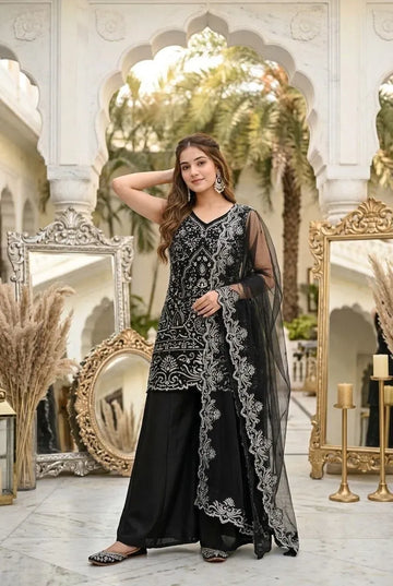 Premium Georgette Palazzo Suit - Elegant Pearl Embroidery Festive Wear for Women