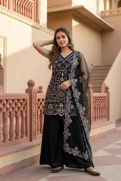 Premium Georgette Palazzo Suit - Elegant Pearl Embroidery Festive Wear for Women