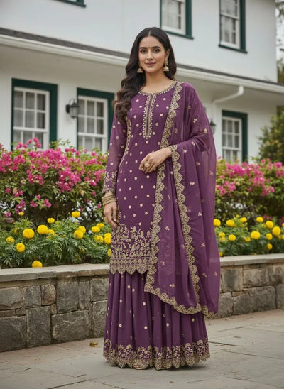 Premium Georgette Plazzo Set - Heavy Embroidery for Festive Wear