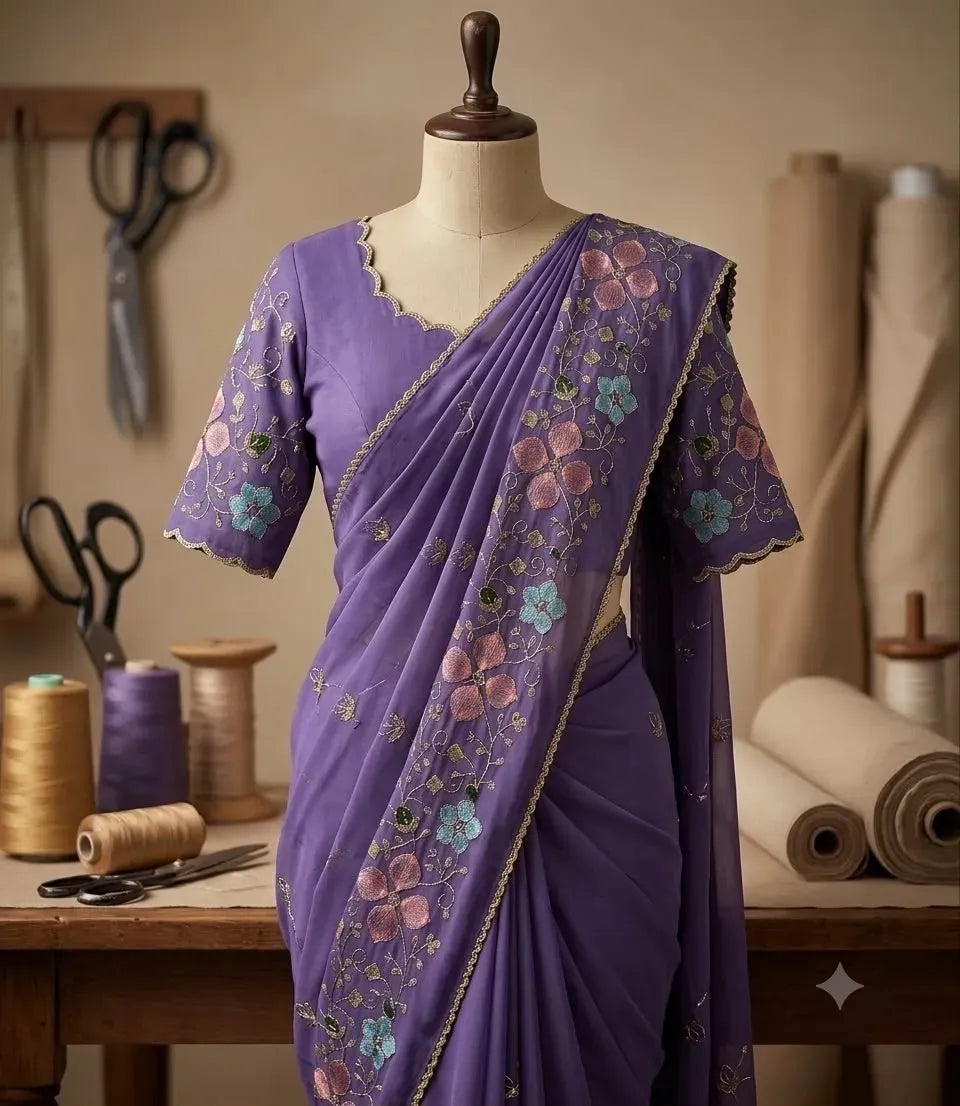 Lavender embroidered georgette saree styled on a mannequin with a matching V neck heavy work blouse