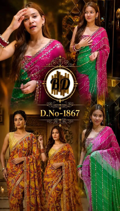 Premium Georgette Saree - Real Mirror Work for Festive & Party Wear