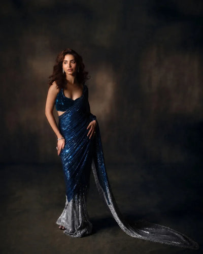 Premium Georgette Sequence Saree - Elegant Ombre Shimmer Party Wear for Women