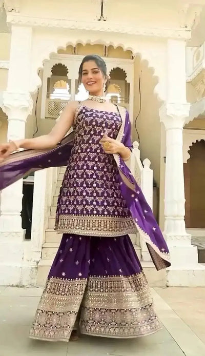 Premium Georgette Sharara Suit - Heavy Sequins Festive Wear