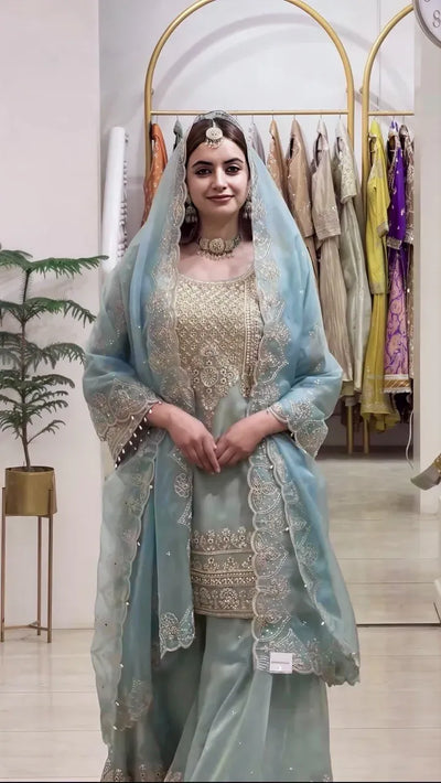 Premium Georgette Sharara Suit Set - Heavy Embroidery Festive Wear