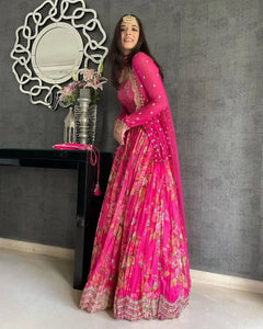 Premium Georgette Silk Lehenga - Floral Print with Embroidered Koti for Festive Wear