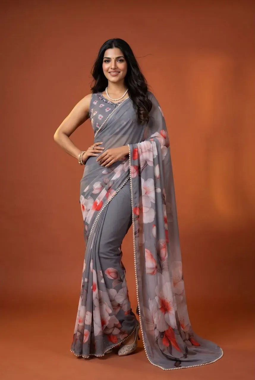 Grey georgette silk saree with floral digital print on model