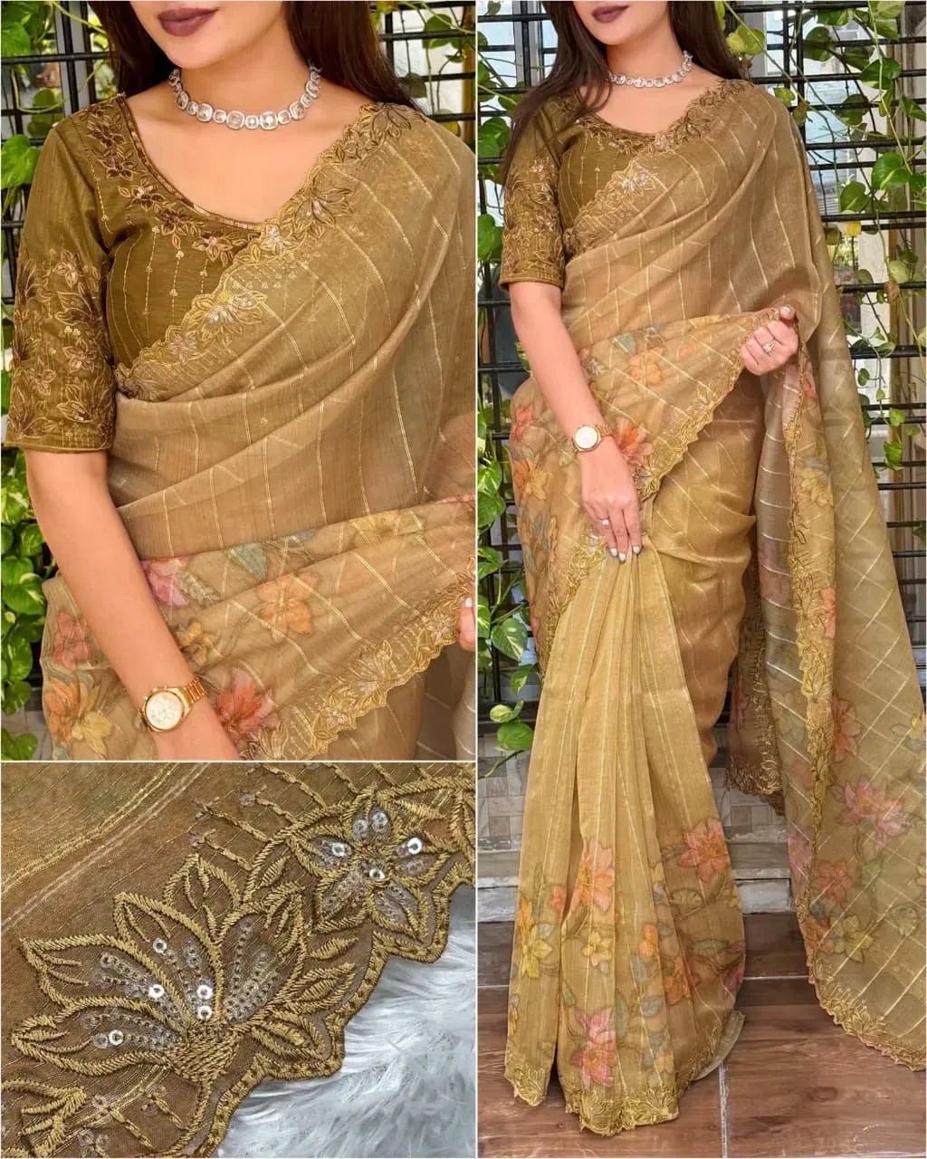 Model wearing mustard yellow glass organza saree with embroidered border