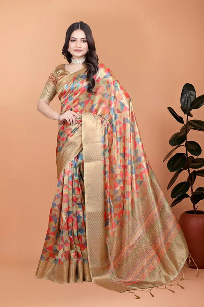 Premium Golden Soft Silk Saree with Geometric Weave - Elegant Festive Wear for Women