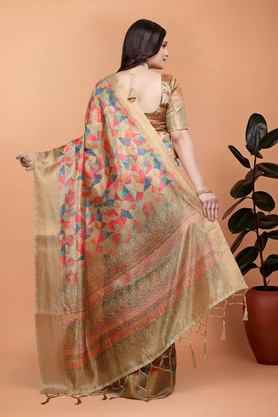 Premium Golden Soft Silk Saree with Geometric Weave - Elegant Festive Wear for Women