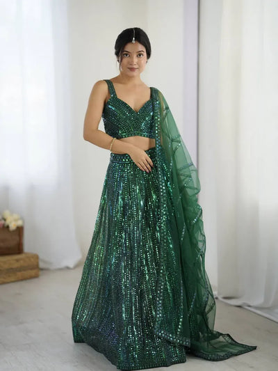 Premium Green Net Lehenga with Rainbow Sequins - Festive Wedding Wear