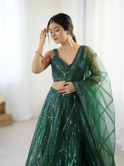 Premium Green Net Lehenga with Rainbow Sequins - Festive Wedding Wear