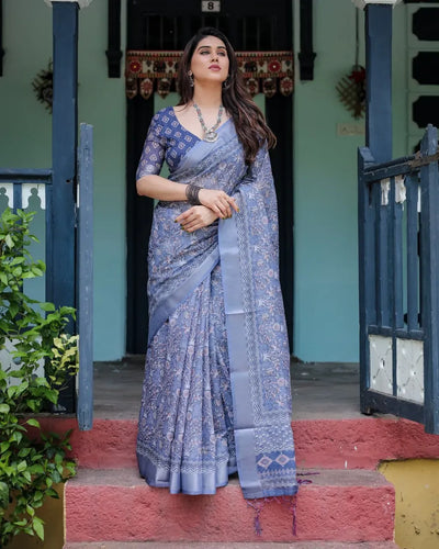Premium Grey Floral Linen Cotton Saree with Woven Silver Border for Office and Casual Wear