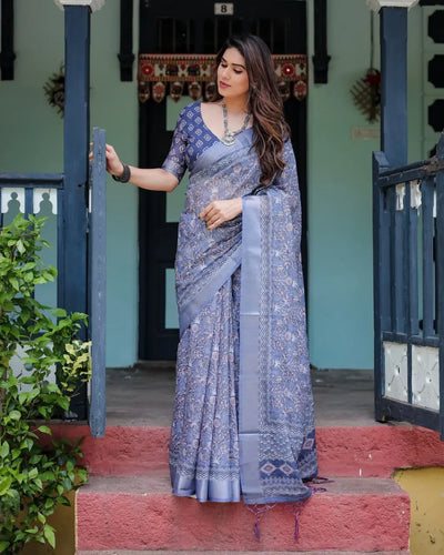 Premium Grey Floral Linen Cotton Saree with Woven Silver Border for Office and Casual Wear