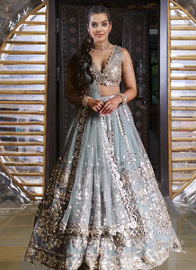 Ethereal Grey Net Heavy Embroidery Wedding Lehenga Choli with 3-Meter Flair
